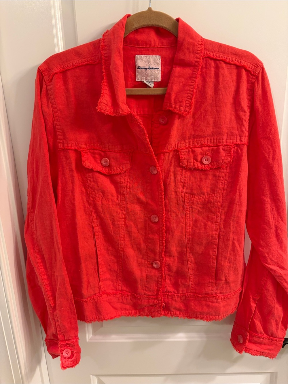 Tommy Bahama Women's Bright Coral Button-Front Linen Jean Jacket